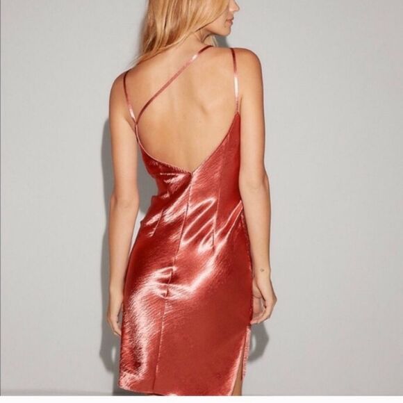 NEW Express Barbiecore Hot Pink Silky Deep V Neck Midi Satin Dress Gown 2 NWOT - Picture 3 of 11